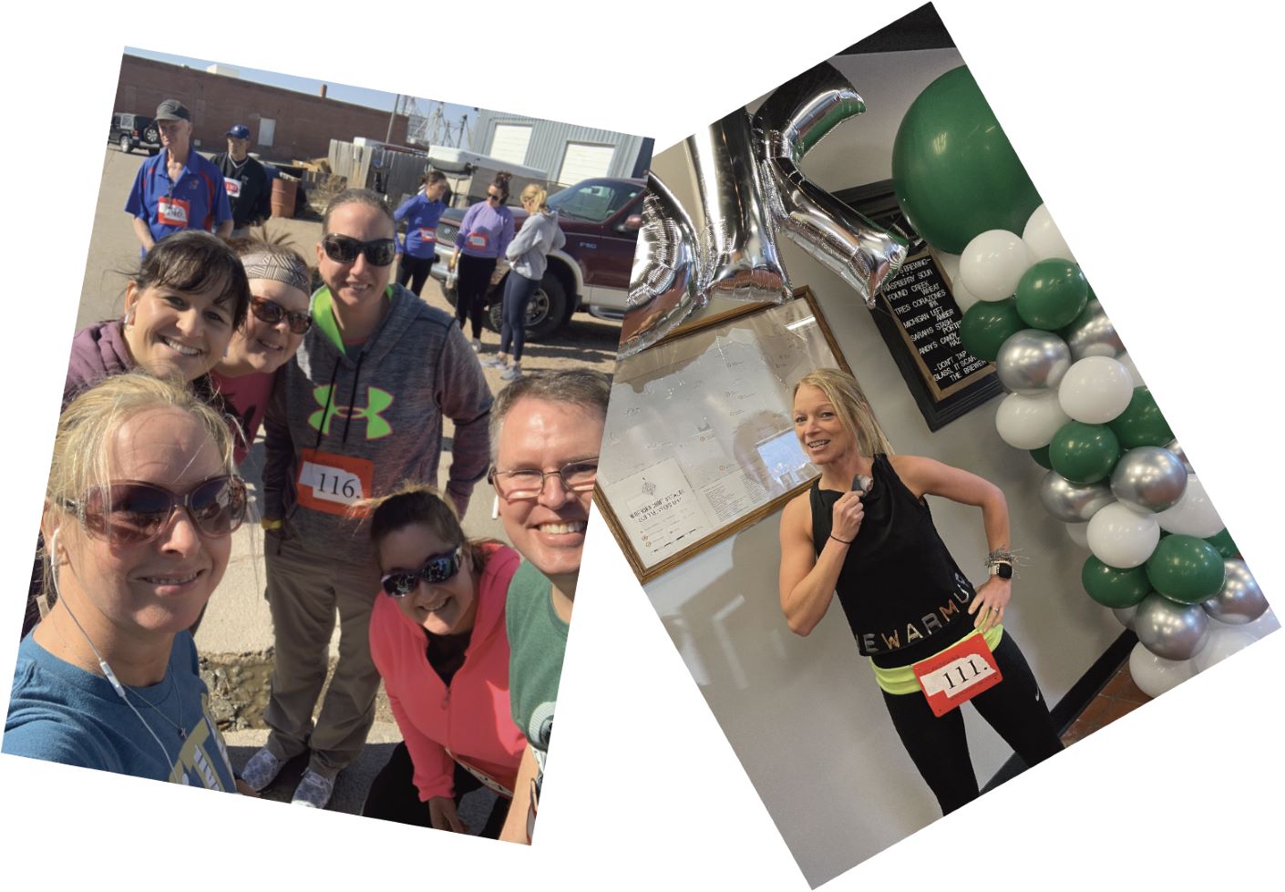 A photo collage of a group of runners preparing for a marathon. A female runner stands next to green, white, and silver balloons.
